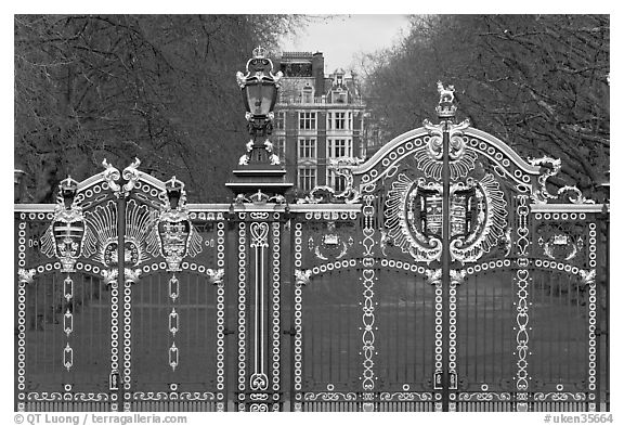 Gilded grids and park near Buckingham Palace. London, England, United Kingdom (black and white)
