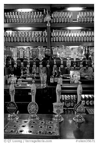 Hand-pulled pumps used to serve real ale beers, Westmister Arms bar. London, England, United Kingdom (black and white)