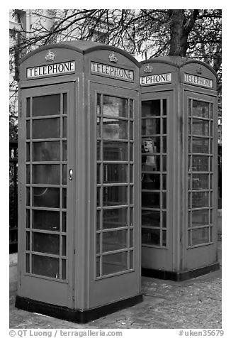 Two red phone boxes. London, England, United Kingdom (black and white)