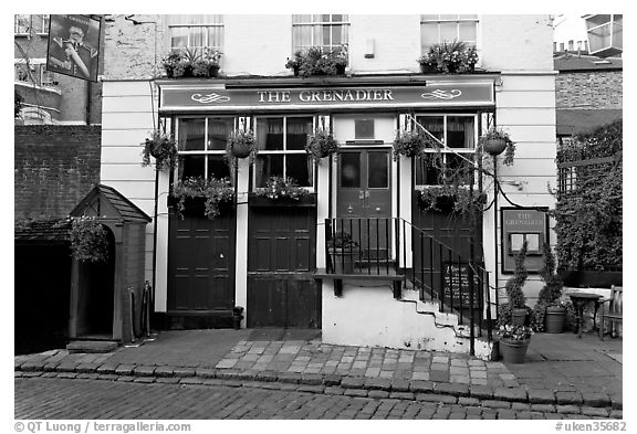 The Grenadier pub, afternoon. London, England, United Kingdom (black and white)