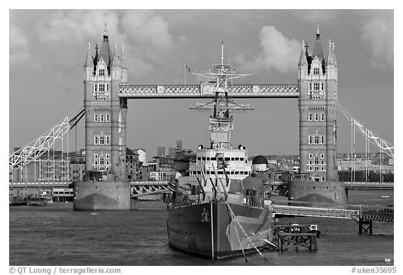 HMS Belfast cruiser and Tower Bridge, late afternoon. London, England, United Kingdom