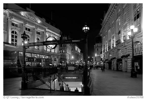 Underground station entrance at dusk, Piccadilly Circus. London, England, United Kingdom (black and white)