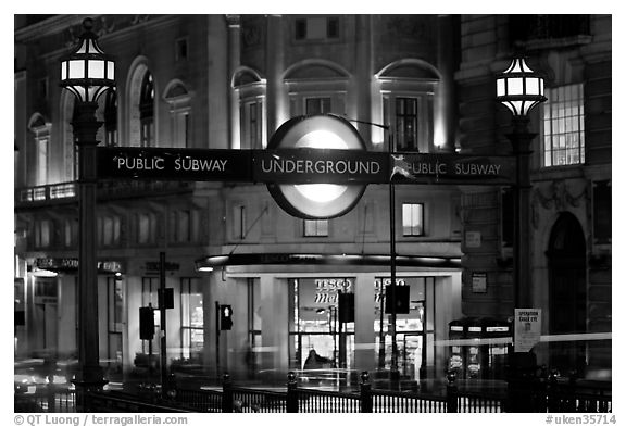 Subway entrance at night, Piccadilly Circus. London, England, United Kingdom