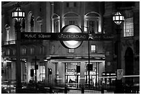 Subway entrance at night, Piccadilly Circus. London, England, United Kingdom (black and white)