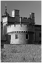 Turrets, outside wall, Tower of London. London, England, United Kingdom (black and white)
