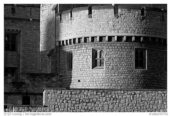 Detail of turret and wall, Tower of London. London, England, United Kingdom (black and white)