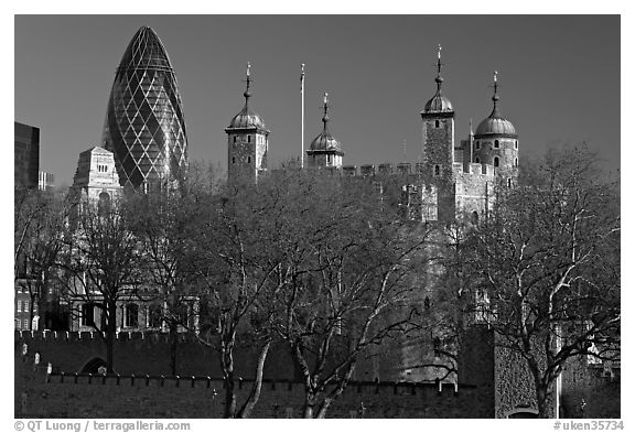 Tower of London and 30 St Mary Axe building (The Gherkin). London, England, United Kingdom (black and white)