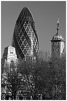 Swiss Re Tower (also known as 30 St Mary Axe, or The Gherkin), designed by Norman Foster. London, England, United Kingdom ( black and white)