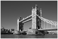 Tower Bridge at river level, morning. London, England, United Kingdom (black and white)