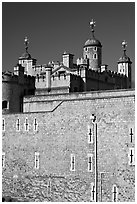 Outer rampart and White Tower, Tower of London. London, England, United Kingdom (black and white)