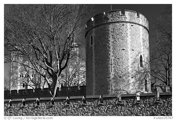 Crenallated wall and tower, Tower of London. London, England, United Kingdom