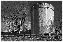 Crenallated wall and tower, Tower of London. London, England, United Kingdom ( black and white)