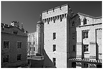 Salt Tower, central courtyard, and White Tower, the Tower of London. London, England, United Kingdom (black and white)