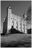 White Tower and lawn, the Tower of London. London, England, United Kingdom (black and white)