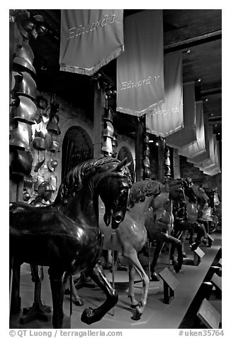 Armors and Models of royal horses,  the White House, Tower of London. London, England, United Kingdom (black and white)