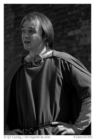 Actor in period costume, Tower of London. London, England, United Kingdom (black and white)