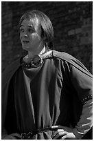 Actor in period costume, Tower of London. London, England, United Kingdom (black and white)