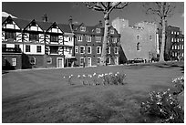 Tower Green, Queen's house, and Beauchamp Tower, Tower of London. London, England, United Kingdom ( black and white)