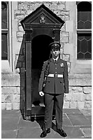 Sentry posted in front of the Jewel House in the Tower of London. London, England, United Kingdom (black and white)