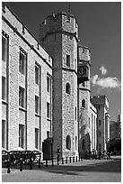 Towers and sentry, The Jewel House, part of the Waterloo Barracks, Tower of London. London, England, United Kingdom ( black and white)