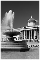Fountain and National Gallery, Trafalgar Square. London, England, United Kingdom (black and white)