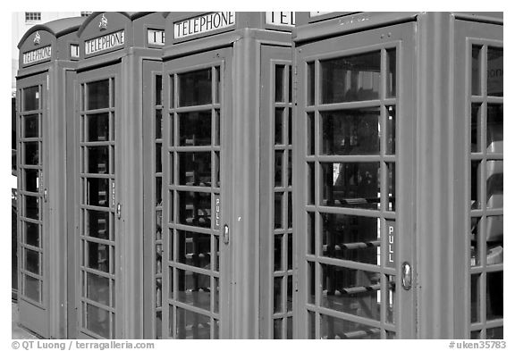 Row of Red phone booths. London, England, United Kingdom