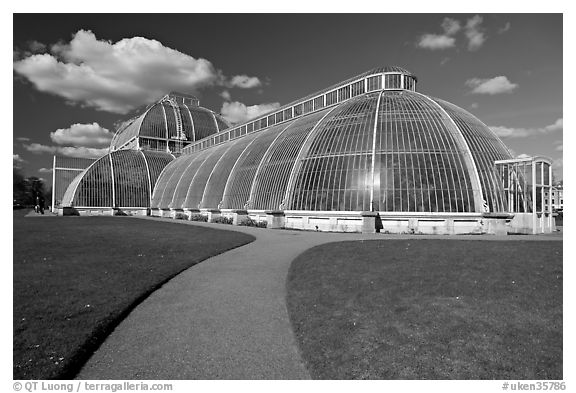 Palm House, built mid 19th century, first large-scale structural use of wrought iron. Kew Royal Botanical Gardens,  London, England, United Kingdom (black and white)