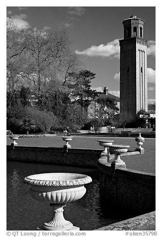 Vasques, lake and campanile. Kew Royal Botanical Gardens,  London, England, United Kingdom