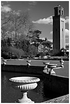 Vasques, lake and campanile. Kew Royal Botanical Gardens,  London, England, United Kingdom (black and white)