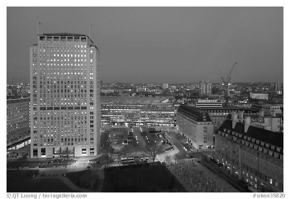 Plaza south of the London Eye at dusk. London, England, United Kingdom (black and white)