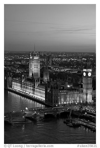 Aerial view of Westminster Palace from the London Eye at sunset. London, England, United Kingdom (black and white)