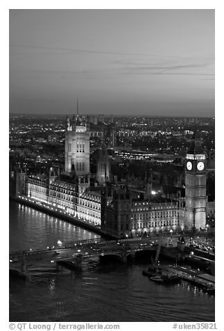 Aerial view of Westminster Palace from the London Eye at sunset. London, England, United Kingdom