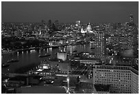 Aerial view of central London at dusk with Saint Paul and Thames River. London, England, United Kingdom (black and white)