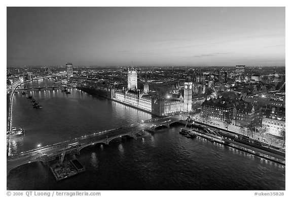 Aerial view of Thames River, Westmister Bridge and Palace at dusk. London, England, United Kingdom (black and white)