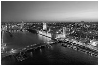 Aerial view of Thames River, Westmister Bridge and Palace at dusk. London, England, United Kingdom (black and white)