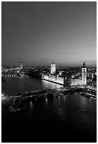 Aerial view of Thames River and Houses of Parliament at dusk. London, England, United Kingdom (black and white)