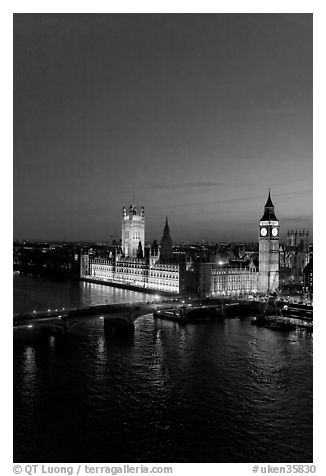 Thames River and Houses of Parliament at night seen from the London Eye. London, England, United Kingdom