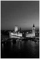 Thames River and Houses of Parliament at night seen from the London Eye. London, England, United Kingdom (black and white)