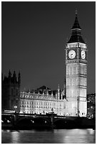 Big Ben and Westminster Bridge at night. London, England, United Kingdom (black and white)