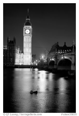 Big Ben reflected in Thames River at night. London, England, United Kingdom (black and white)