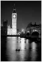 Big Ben reflected in Thames River at night. London, England, United Kingdom (black and white)