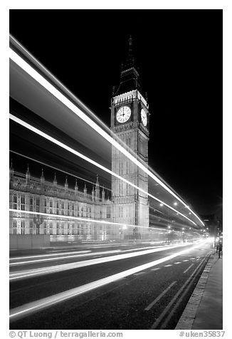 Lights from a moving bus, Houses of Parliament, and Big Ben at night. London, England, United Kingdom