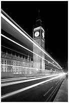 Lights from a moving bus, Houses of Parliament, and Big Ben at night. London, England, United Kingdom ( black and white)