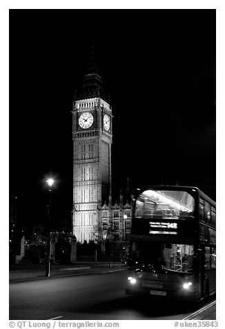 Double-decker bus and Big Ben at night. London, England, United Kingdom (black and white)