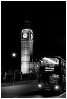 Double-decker bus and Big Ben at night. London, England, United Kingdom (black and white)
