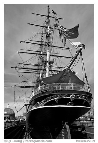 Stern of the Cutty Sark clipper. Greenwich, London, England, United Kingdom (black and white)