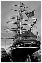 Stern of the Cutty Sark clipper. Greenwich, London, England, United Kingdom ( black and white)