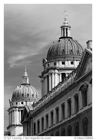 Twin domes of the Greenwich Hospital (formerly the Royal Naval College). Greenwich, London, England, United Kingdom (black and white)