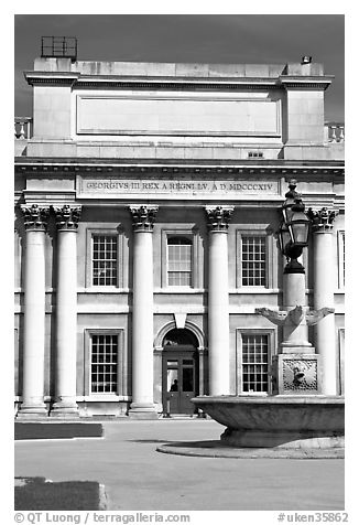 Classical facade in Old Royal Naval College. Greenwich, London, England, United Kingdom (black and white)