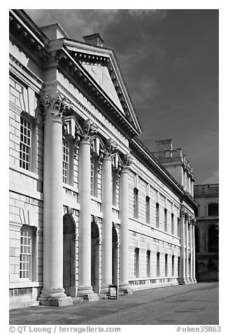 Facade in the Grand Square of the Greenwich Hospital. Greenwich, London, England, United Kingdom (black and white)